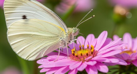 Ultra-detailed Macro Shot: White Butterfly Feeding on Pink Wildflower
