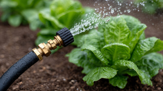 Watering lettuce plants in a garden with a hose.