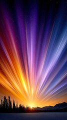 An abstract, colorful image of a sunset with rays of light radiating from the sun over mountains, trees, and a lake.