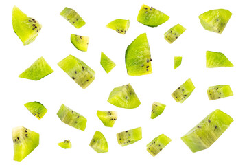 kiwi slice peel plie cut piece isolated on white background splash fall