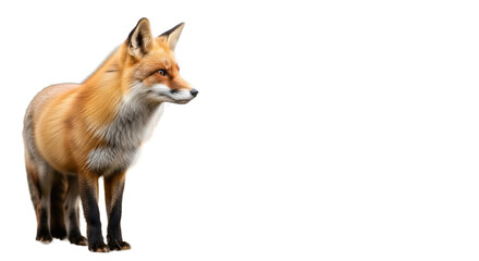 Obraz premium A red fox, vibrant fur, intelligent watchful gaze, poised in a minimalist natural setting with blurred green bokeh and negative space, concept of strategic observation