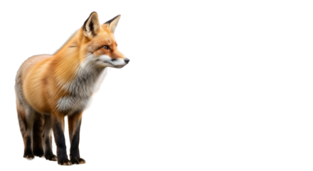 A red fox, vibrant fur, intelligent watchful gaze, poised in a minimalist natural setting with blurred green bokeh and negative space, concept of strategic observation