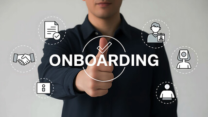 Successful employee onboarding process showcased with thumbs up gesture and relevant icons surrounding the onboarding text