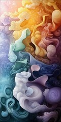 An abstract artwork featuring swirling, colorful forms resembling clouds and flowing shapes. The composition is vibrant and dreamlike, with a variety of colors