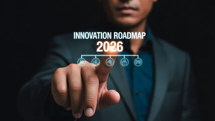 Innovation Roadmap for 2026 with Business Person Pointing to Future Technology and Growth Strategies