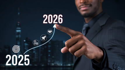 African American Businessman Pointing to 2026 Growth Chart on Digital Screen Planning Success