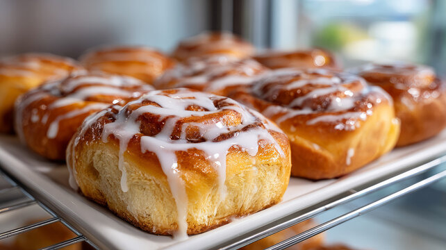 Cinnamon rolls with icing on a tray in a bakery setting.