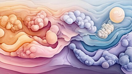 An abstract artwork featuring a colorful composition of swirling lines and organic shapes, with a soft and dreamy aesthetic.