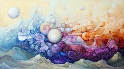 An abstract, colorful composition featuring swirling shapes, spheres, and a dreamy, artistic style. The image evokes a sense of fantasy and imagination.