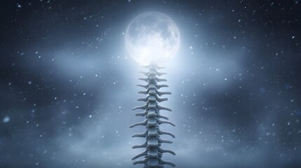 A luminous full moon shines brightly above a skeletal spine set against a dark snowy winter night sky
