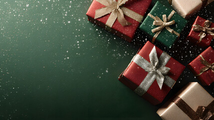 Christmas gift boxes on green background with snowflakes