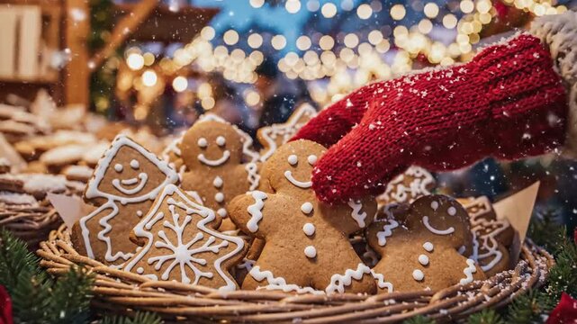 A hand takes a gingerbread man at a Christmas market with Mittens, Festive Atmosphere for Holiday Greetings, Christmas Cards, Family Events, and Festive Blogs