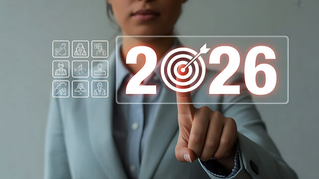 Reaching the 2026 target in business strategy shown by a young woman touching a glass panel