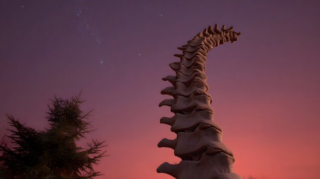 A surreal vertebral column arches under a vivid twilight sky filled with stars and a gradient of purple and pink hues - Powered by Adobe