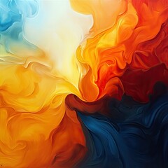 An abstract artwork featuring a dynamic composition of swirling shapes in vibrant colors, with a mix of warm and cool tones creating a sense of movement and ene