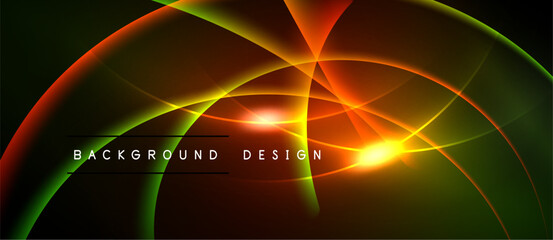 Vibrant abstract design features glowing curves, lines. Orange center radiates energy against dark backdrop. Modern visual element.