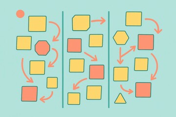 Abstract geometric flowchart design showcasing diverse shapes and colors on a soft blue background illustrating innovative thought processes and organizational strategies