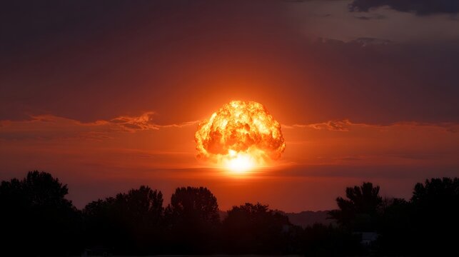 Massive explosion at sunset creating a bright mushroom cloud against a dramatic crimson sky with silhouetted trees in the foreground - Powered by Adobe