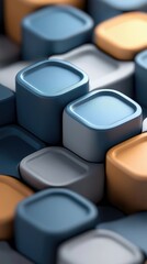 Close-up of a pattern made of colorful, rounded square cubes in shades of blue, gray, and orange. The image has a modern, abstract feel.