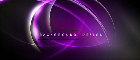 Abstract purple design features flowing lines, curves, gradients. Dark background enhances luminous effect. Text reads background design.