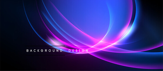 Abstract flowing lines create vibrant, dynamic background. Blue, purple hues dominate dark space. Modern design element.