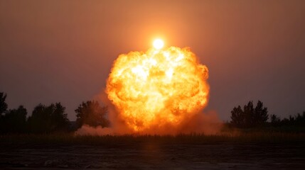 A massive explosion and fireball illuminates the sky at sunset with smoke rising