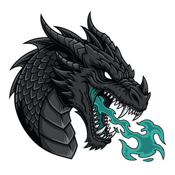 Ferocious black dragon head breathing glowing blue fire, captured in bold fantasy-style vector art with intense mythical energy