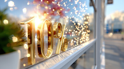 Shop window with bold 10 percent discount numbers at sunset reflecting bokeh lights