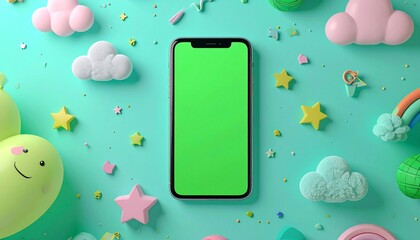 Kids learning app mockup on smartphone with green screen and pastel cartoon decoration