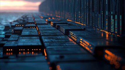 An abstract, futuristic image of a data processing structure with illuminated details and a moody atmosphere.