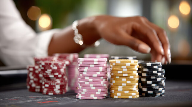 Stack of poker chips with a hand reaching on a casino roulette table in a vibrant casino setting