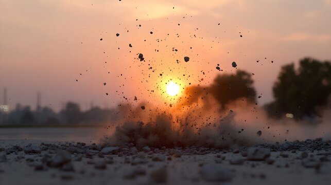 Debris explodes outwards against a vibrant sunset sky with particles scattering in the air