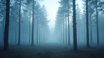 Eerie Forest Scene with Tall Trees Standing in Dense Fog Creating Mysterious and Dreamlike Atmosphere with Soft Light Filtering Through Mist in Peaceful Environment