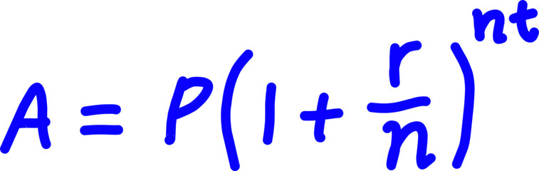 Handwritten compound interest formula illustrating exponential financial growth, ideal for math, finance, education, and investment learning materials.