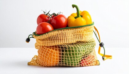 Fresh vegetables and fruits packed in a reusable mesh bag on a clean surface ready for shopping