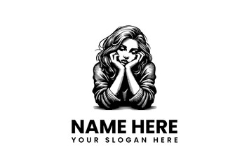 Monochrome Vector Illustration Logo Featuring a Melancholy Woman, Ideal for Branding in EPS Format