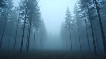 Misty Forest with Tall Trees and Dense Fog Creating Mysterious Atmosphere and Eerie Scenery in Woods with Soft Light and Shadows Enhancing Dreamlike Quality of Landscape