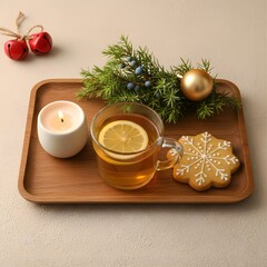 Warm Holiday Scene with Amber Tea, Candlelight, and Christmas Accents 