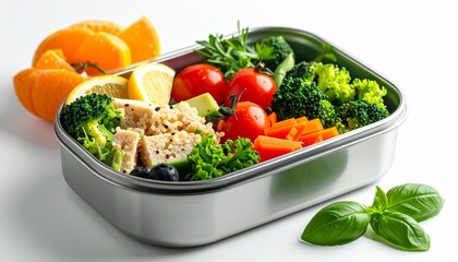 Healthy meal prep box containing fresh vegetables, grilled chicken, and citrus fruits, served on a white background