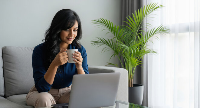 Young Indian woman working from home, sitting on a modern sofa with a laptop and enjoying a warm cup of coffee