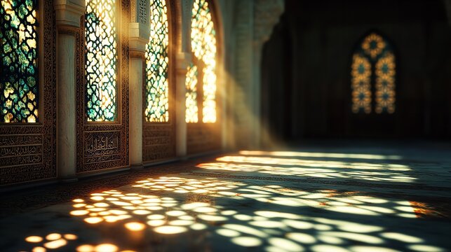 Sunlight streams through ornate arched windows casting intricate geometric patterns on the floor of an ancient, dimly lit hall or mosque interior - Powered by Adobe