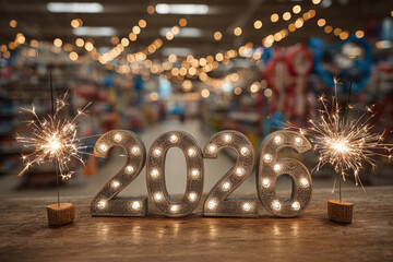 Illuminated 2026 numbers with sparklers celebrating New Year party