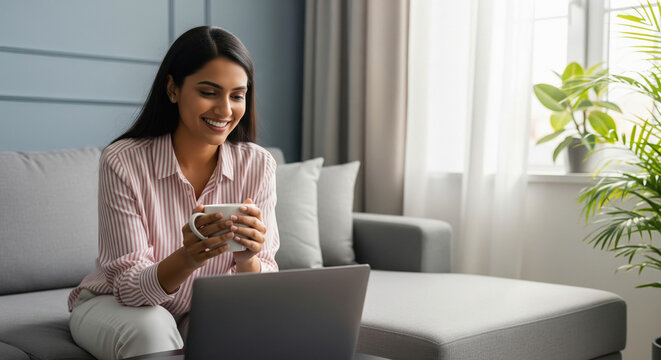 Smiling young Indian woman working from home, sitting on a modern sofa with a laptop and holding a cup of coffee during an online meeting. - Powered by Adobe