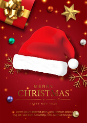 Christmas greeting card and poster celebrated with Christmas object decorated, Santa hat and gift box, wording of event on red background.