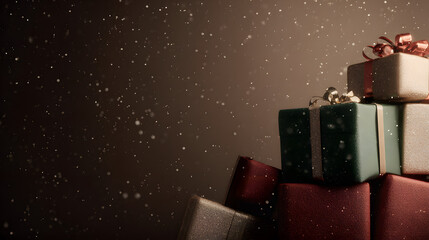 Christmas gift boxes stacked with snow on dark background