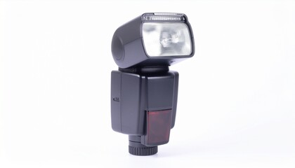 Professional camera flash unit isolated on a white background, studio photography equipment.