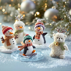 Festive Winter Figurines: Cheerful Snowmen, Playful Penguins, and a Cozy Polar Bear Amidst Sparkling Snow and Bokeh Lights