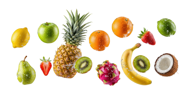 Colorful fresh fruits suspended mid-air, interacting with clear water splashes and droplets, against a deep black studio background. Concept of natural refreshment and vitality