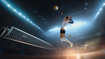 Dynamic collage of female volleyball player jumping high for powerful serve in dramatic arena lighting. Concept of professional sports visuals, training materials, and dynamic action scenes.