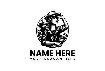 Sailor Girl Looking Forward Logo Vector Illustration in Black and White with Customizable Text Elements | 125